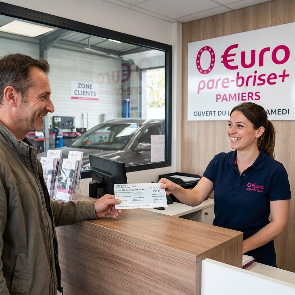 Un client reçoit son chèque de 150 € offert chez L'Artisan Auto - Euro Pare-Brise+ à Pamiers
